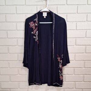 Knox Rose Navy Open Front Cardigan W/Colorful Floral Embroidery. Size XS
